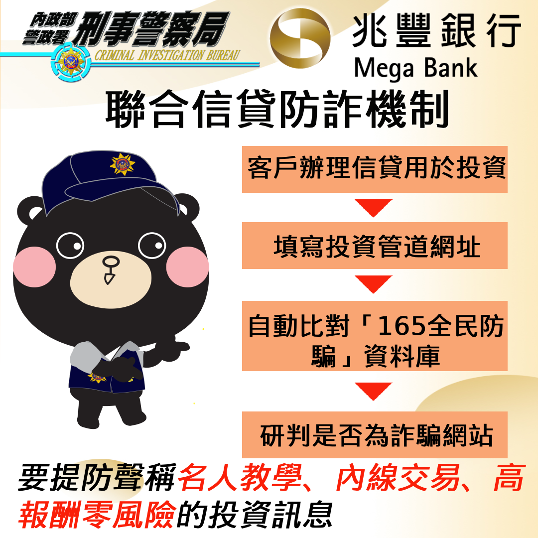 兆豐銀行配合警政署打詐，首創信貸業務結合辨識民眾投資理財網址，共同守護民眾的財產安全。(圖為警政署提供)