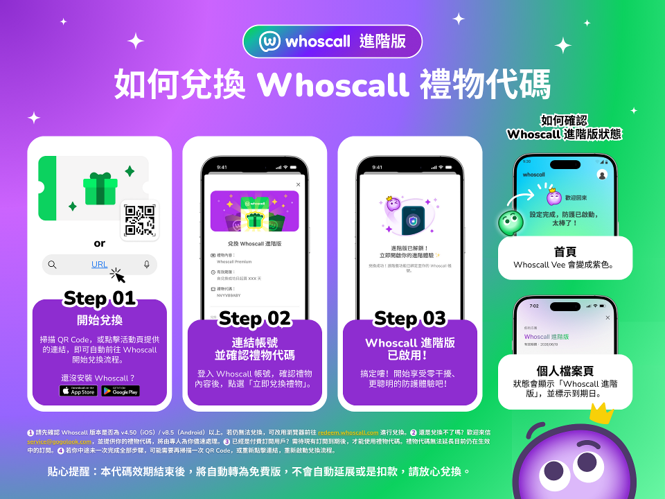「防詐守門員，完成LINE綁定送Whoscall防詐好禮」活動兌換流程圖
